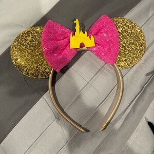 Mickey ears Gold Sequin with Pink Bow Headband and castle